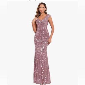 Elegant Mauve Sequin V-Neck Evening Gown
